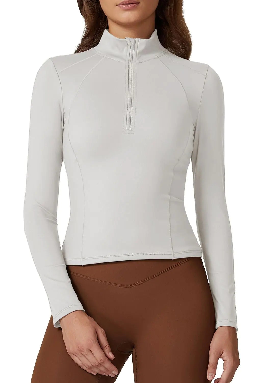 QINSEN Womens Half Zip Long Sleeve Workout Tops Double-Layer Athletic Yoga Running Cropped Tops Slim Fit Gym Shirts White S