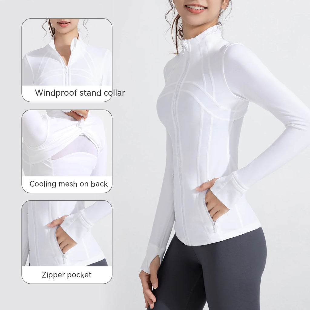 Women’s Super Stretch Nylon Long Sleeve Active Cardigan – Waist-Length Performance Jacket for Gym, Running & Training