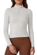 QINSEN Womens Half Zip Long Sleeve Workout Tops Double-Layer Athletic Yoga Running Cropped Tops Slim Fit Gym Shirts White S